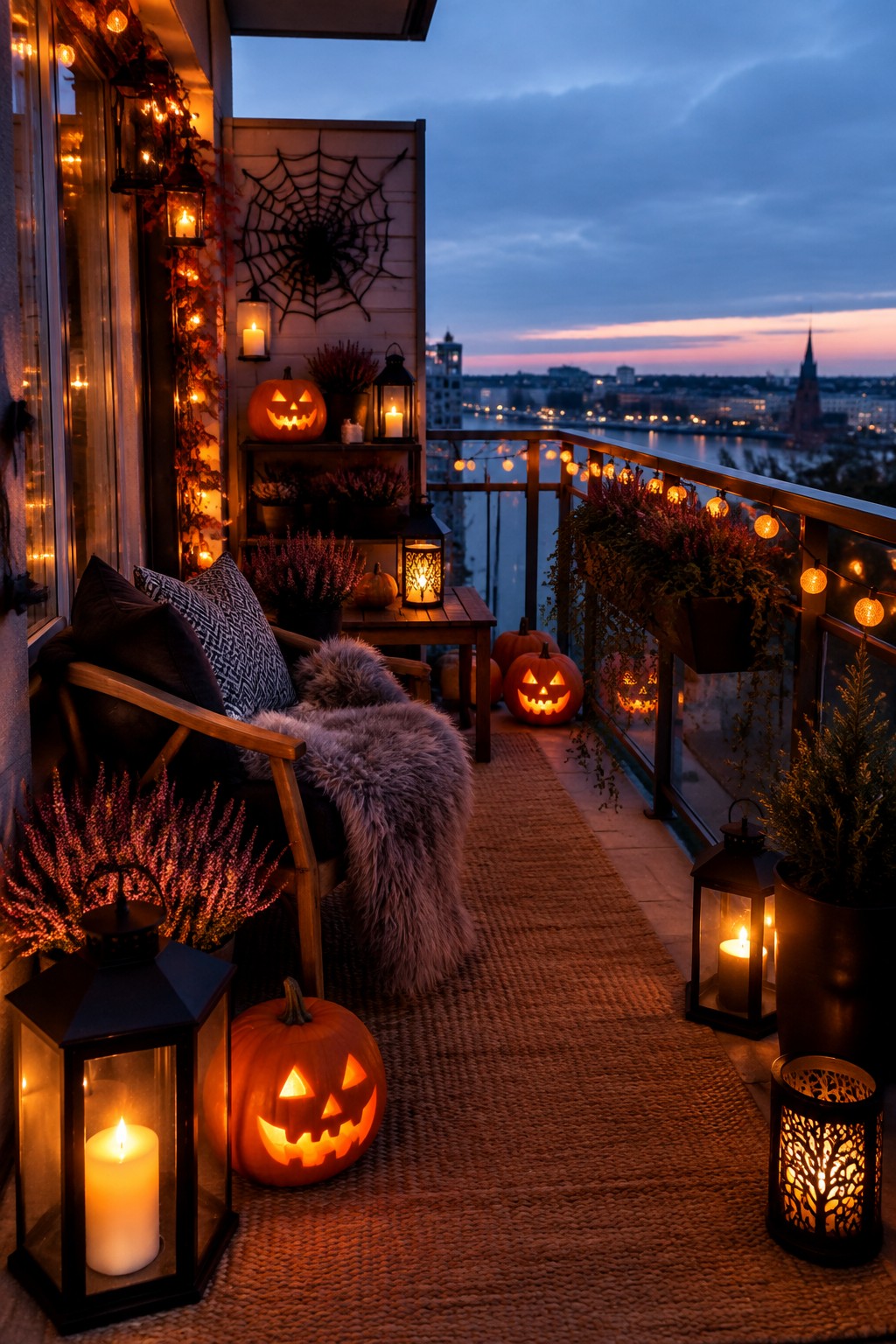 Outdoor balcony decorated with multiple lit jack o lanterns, string lights, a spiderweb on the wall, and lanterns around seating at dusk.