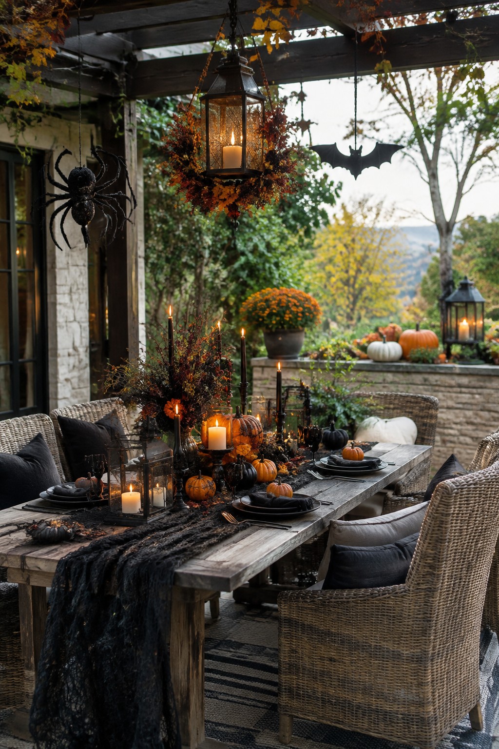 Rustic wooden patio table set with pumpkins, candles, black lace, and autumn decor