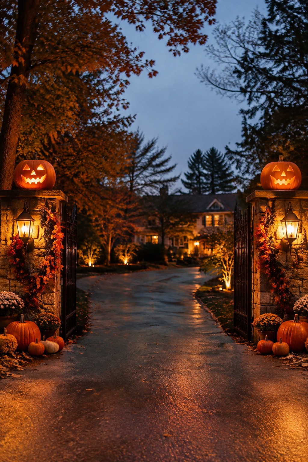 Two large carved jack o lanterns sit lit on stone gate pillars at the start of a dark driveway lined with smaller pumpkins and autumn garland.