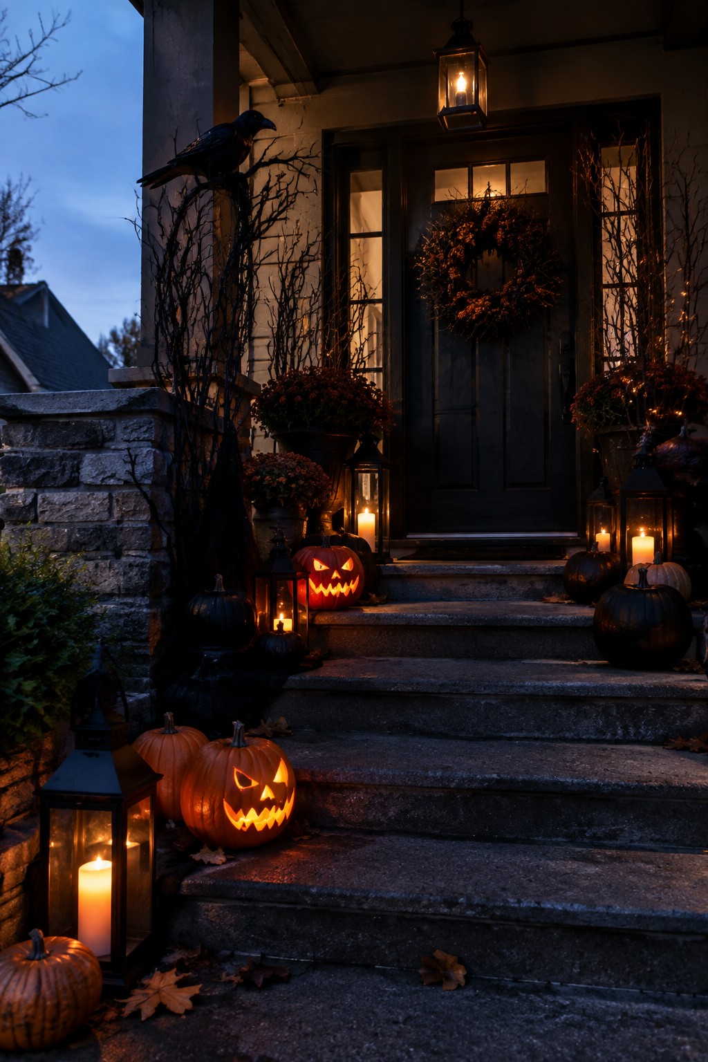 Twilight Halloween porch with glowing jack-o'-lanterns, lanterns, wreath, and perched raven.