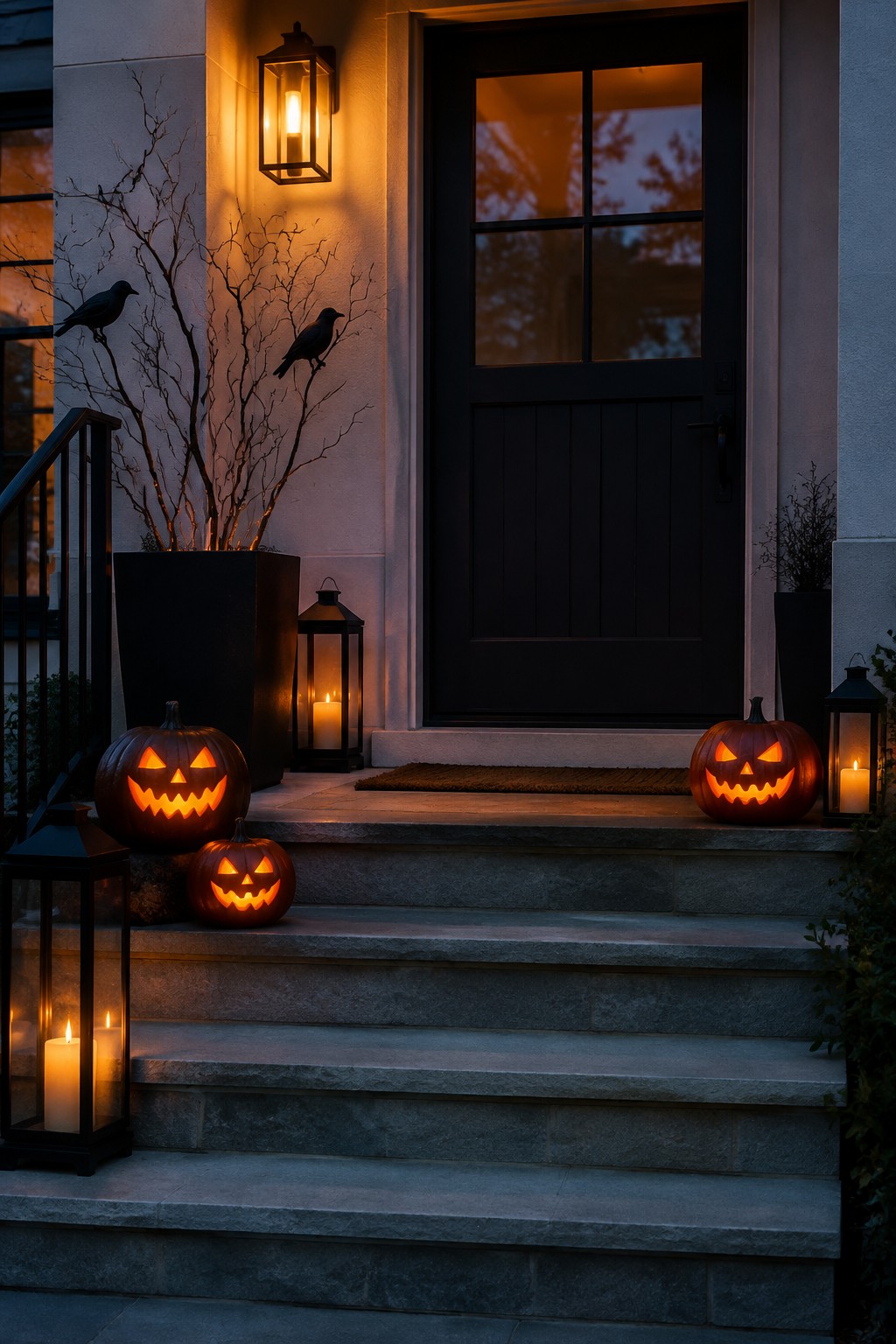 Stone steps leading to a dark front door decorated with several carved jack o lanterns and black lanterns at dusk.