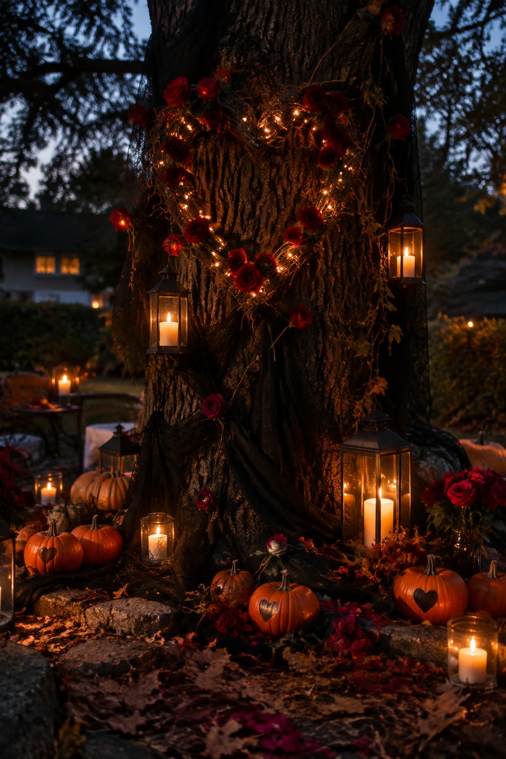 Outdoor tree base decorated with multiple orange pumpkins featuring heart cutouts, black lanterns with lit candles, and a heart-shaped wreath of red roses and string lights.