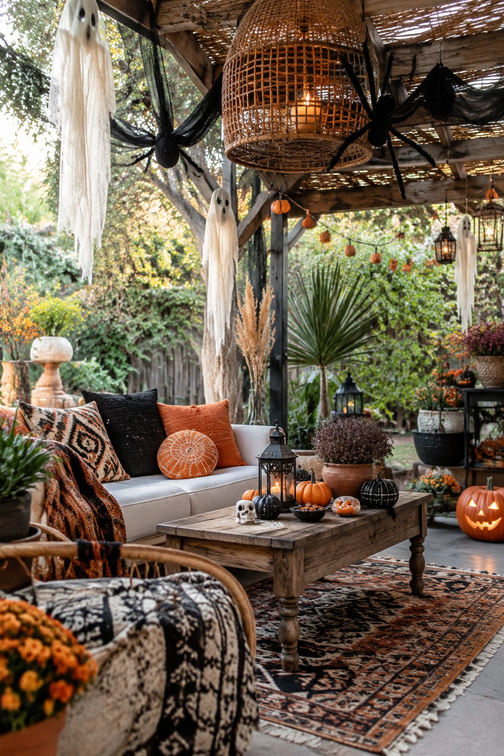 Covered outdoor porch with white fabric ghosts and large black spiders hanging from wooden beams, pumpkins arranged on a wooden coffee table.