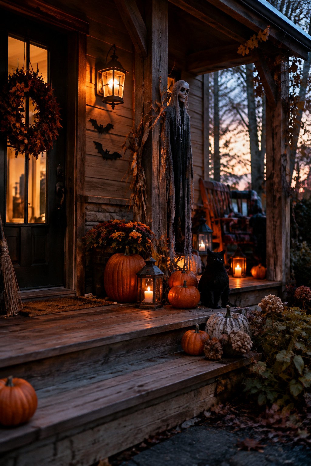 Halloween porch with pumpkins, skeleton, black cat, glowing lanterns, and autumn decorations at dusk