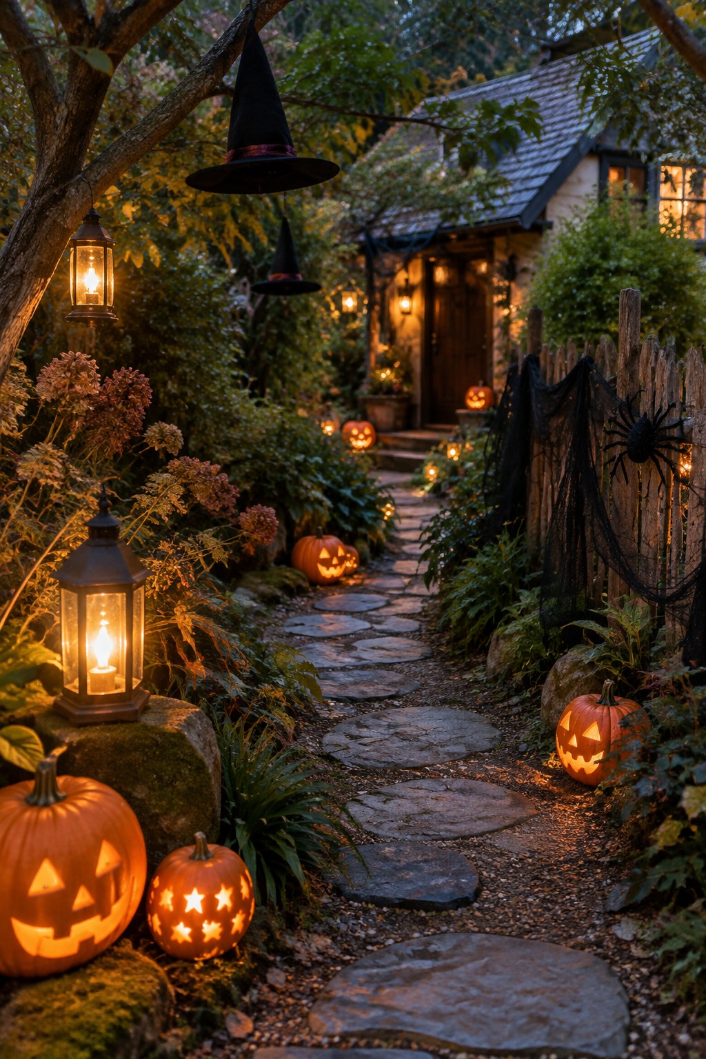Stone pathway lined with glowing carved pumpkins leading toward a cottage, with hanging witch hats and a large spider on the fence.