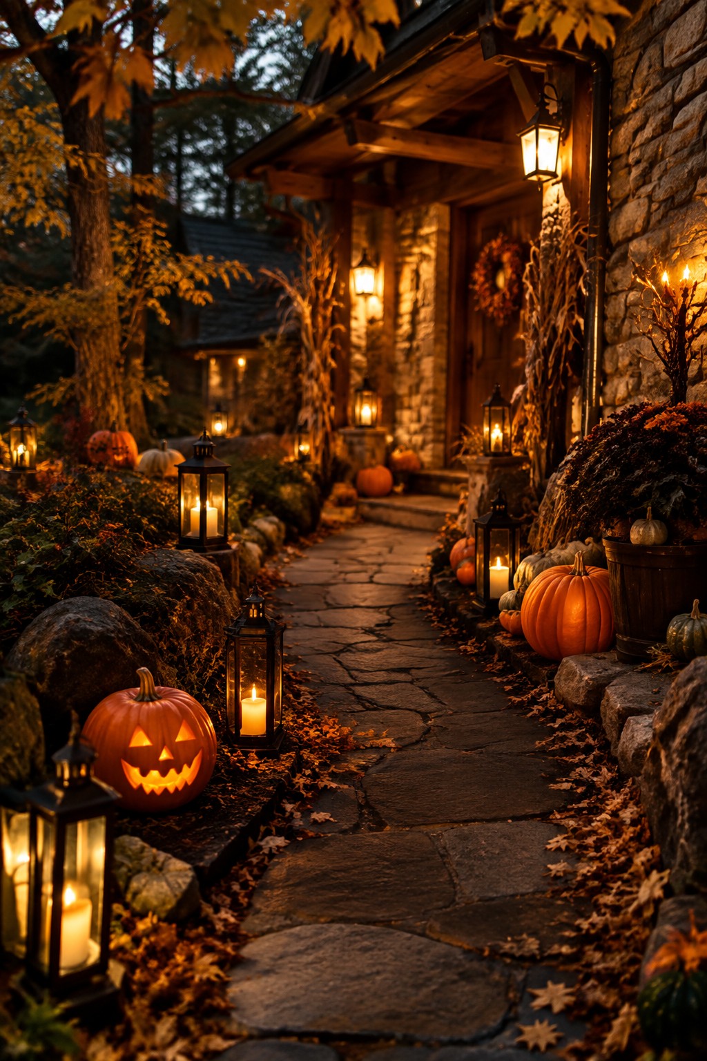 Stone walkway lined with carved glowing jack o lanterns and lanterns leading to a front door.