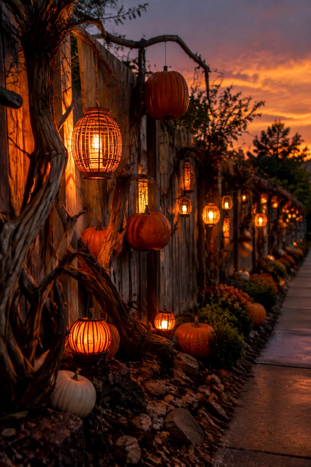 Glowing pumpkins and lanterns line a wooden fence under an orange sunset.