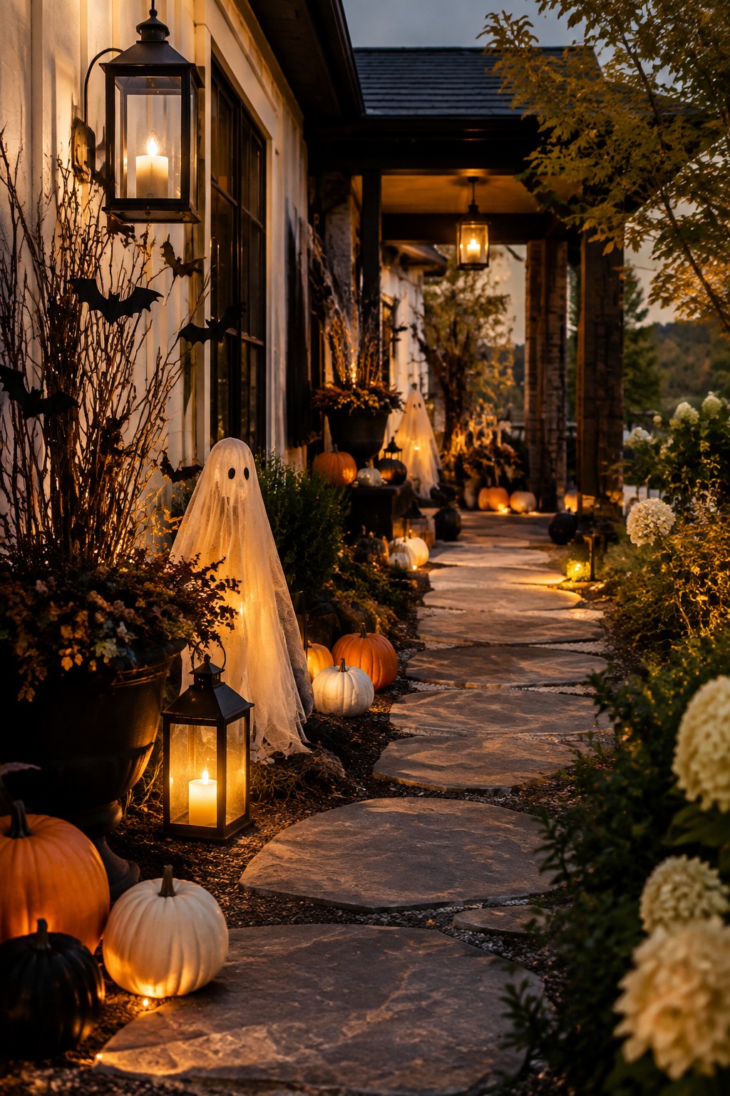 Stone walkway lined with glowing pumpkins in orange, white, and black, with white sheet ghosts and black bats near the house entrance.
