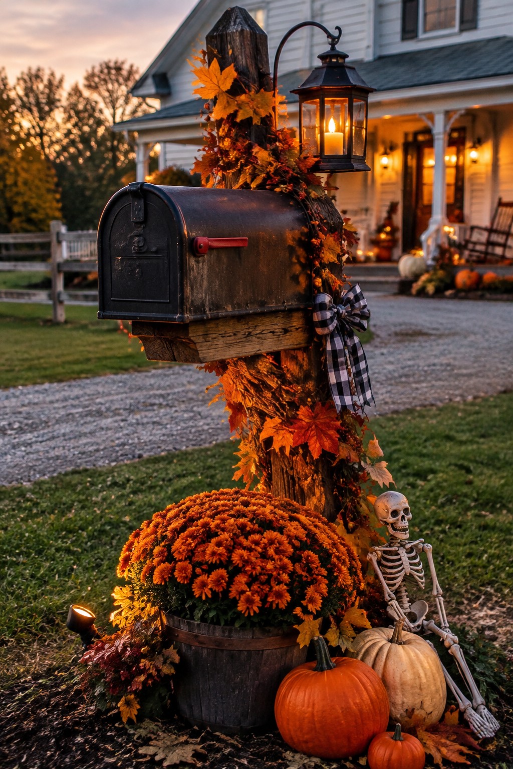 Outdoor mailbox post decorated with autumn leaves, a lit lantern, a small skeleton, and several pumpkins clustered at the base.
