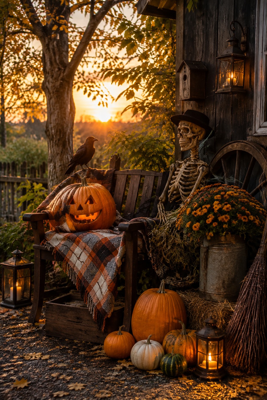 Skeleton in hat on bench with glowing jack-o'-lantern, crow, and autumn pumpkins at sunset