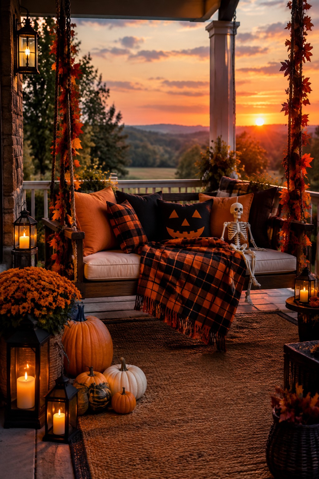 Wooden porch swing decorated with a seated skeleton, jack o lantern pillow, orange and black plaid blanket, and surrounded by pumpkins and lanterns at sunset.