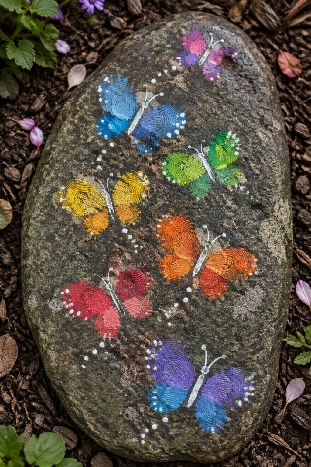 Rock painted with vibrant fingerprint butterflies in rainbow colors on dirt ground