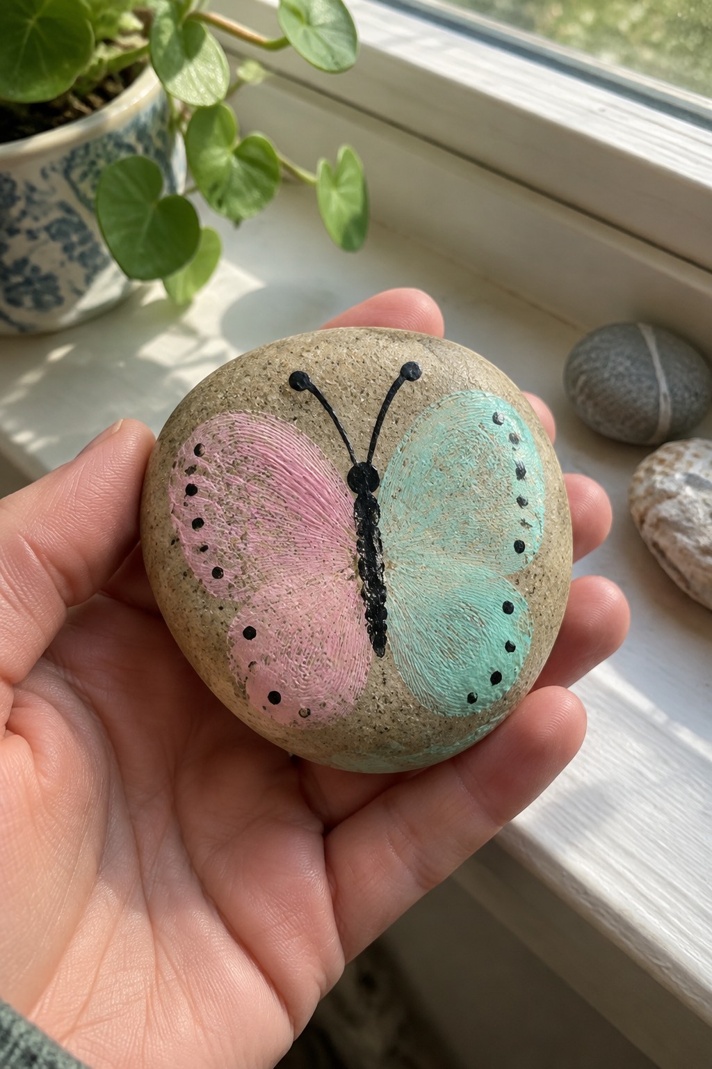 Hand holding round stone painted with pink and turquoise butterfly