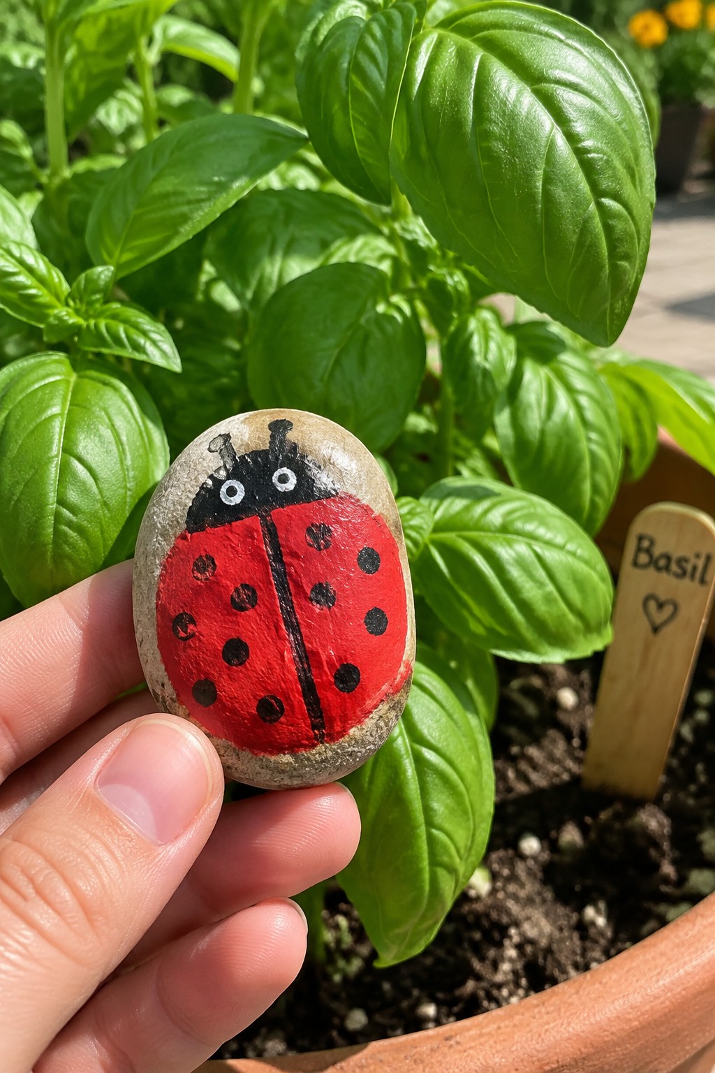 Hand holding red ladybug-painted rock near potted basil plant with label
