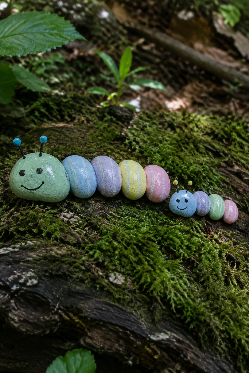 Painted rocks arranged as caterpillars on a moss-covered log outdoors.