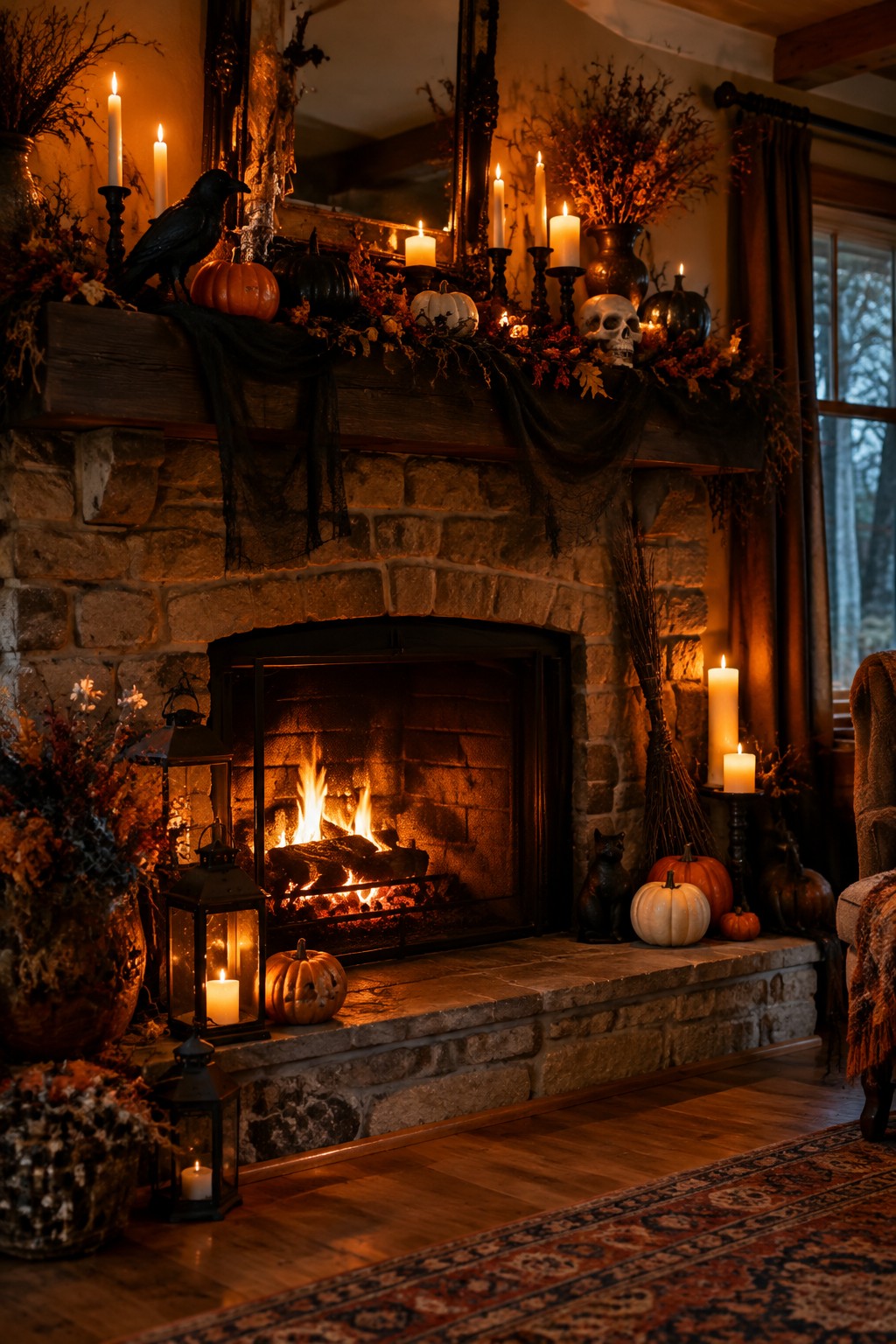 Warmly lit stone fireplace with pumpkins, candles, skull, crow, and autumn garlands