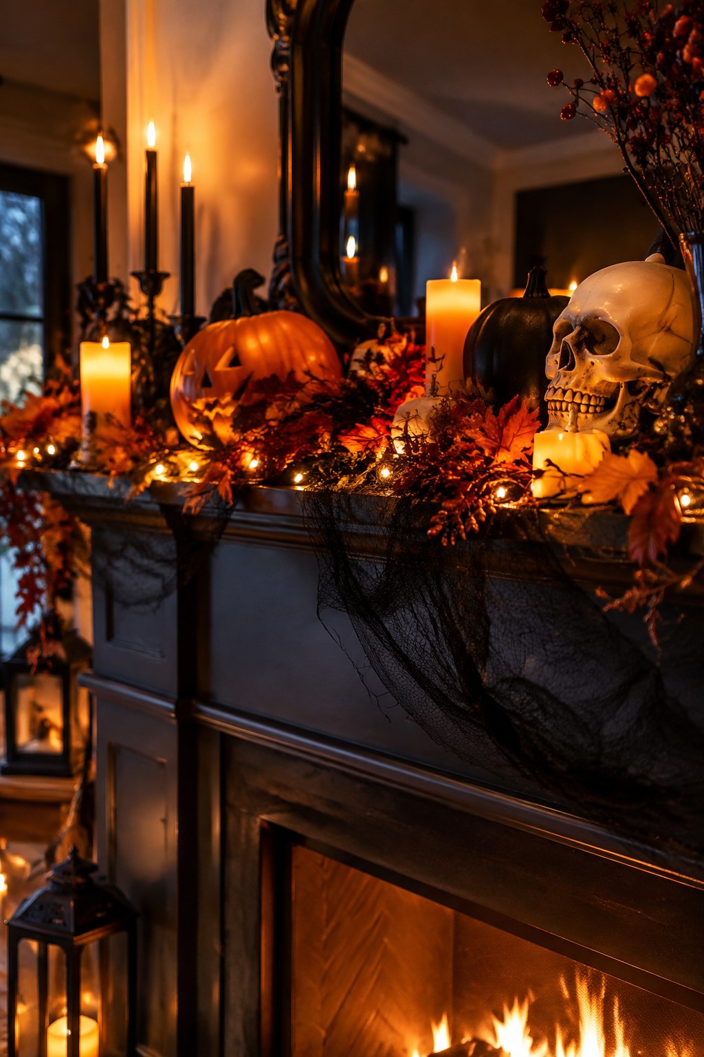 Halloween mantel with pumpkins, skull, candles, autumn leaves, and roaring fire.
