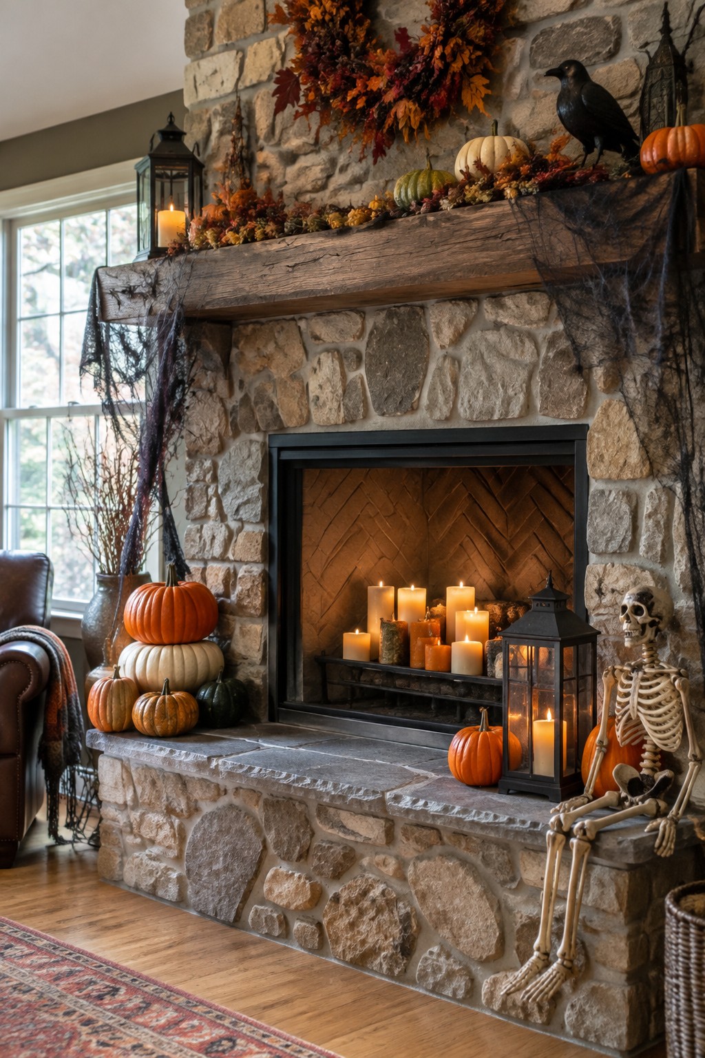 Stone fireplace with a skeleton seated on the hearth, pumpkins, candles inside the firebox, and spiderwebs across the mantel.
