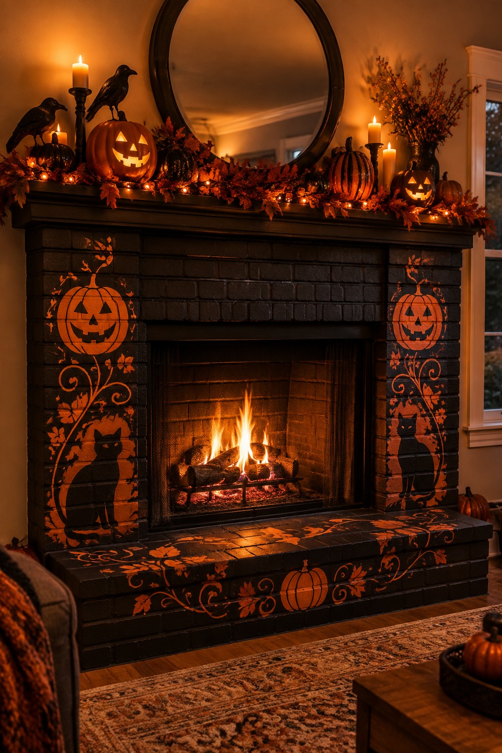 Black brick fireplace with orange pumpkin and cat designs, burning logs, and autumn mantel.