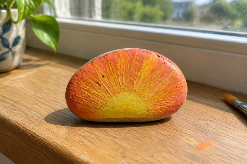 16 Sunny Small Rock Painting Ideas Featuring Beach and Vacation Icons Painted rock with orange-yellow sunburst rays on wooden windowsill.