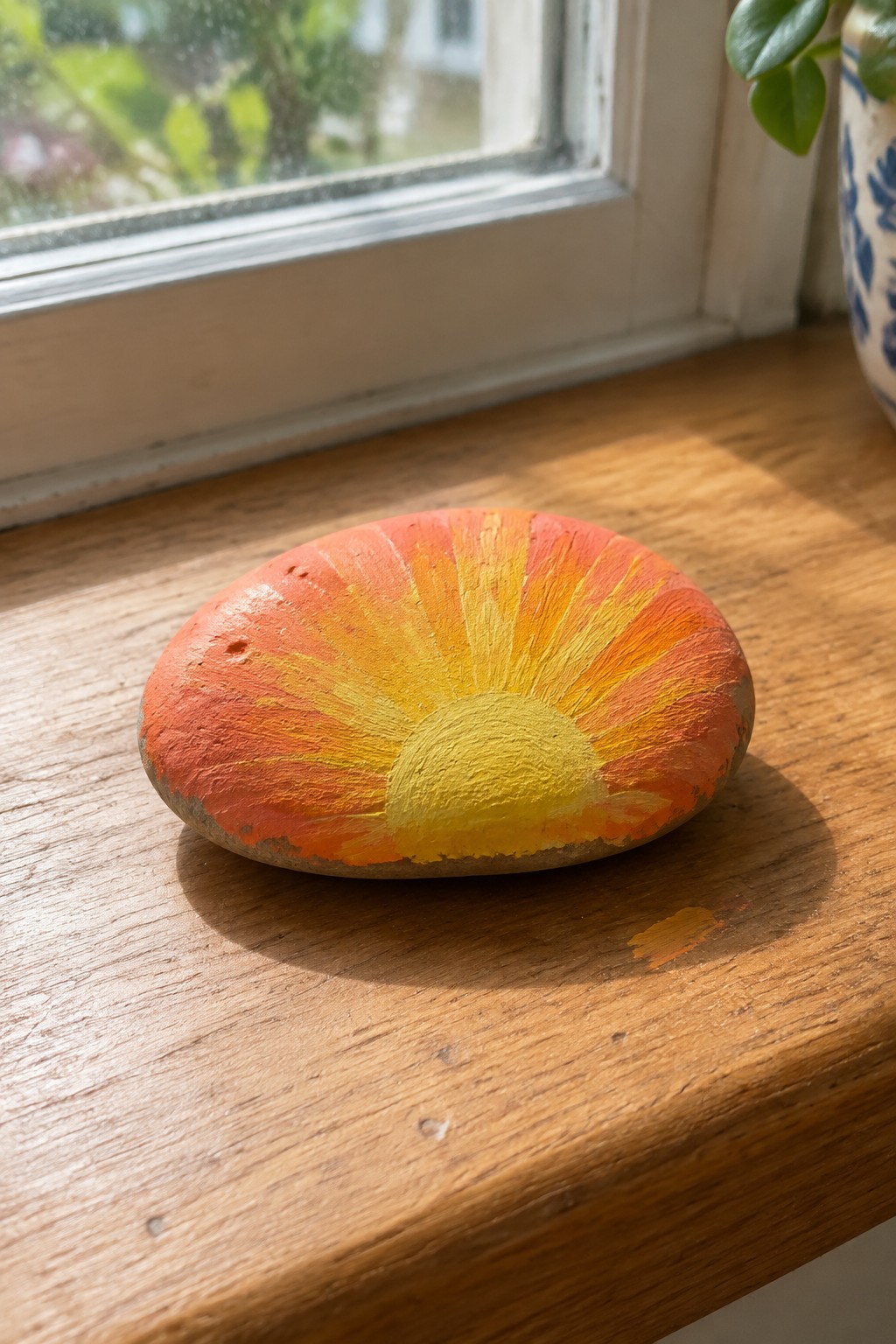 Painted rock with orange-yellow sunburst rays on wooden windowsill.