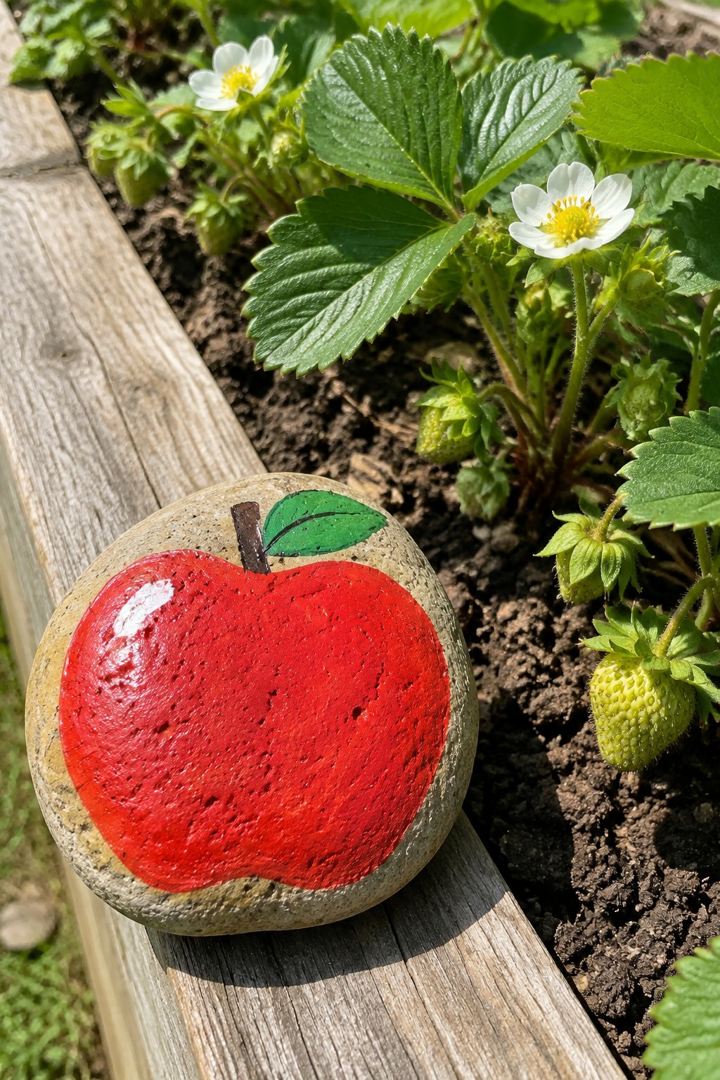 Red apple painted on stone beside wooden plank near strawberry plants with flowers