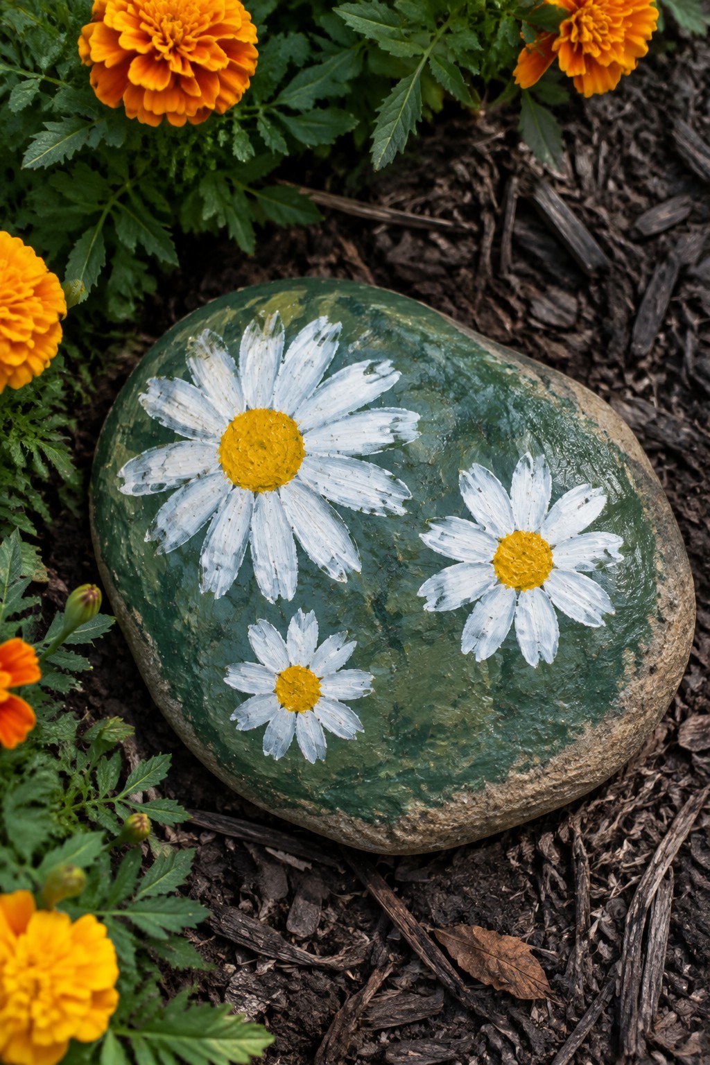 Green rock painted with three white-and-yellow daisies amid orange marigolds and mulch