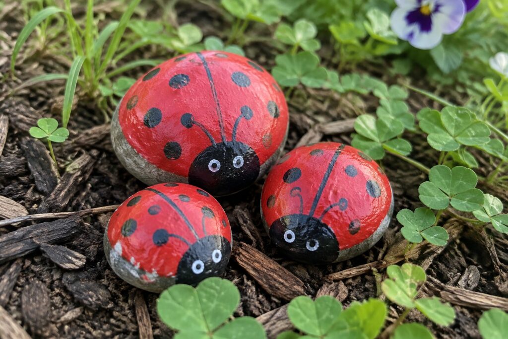 Three red ladybug-painted rocks on soil amid green plants and flowers.