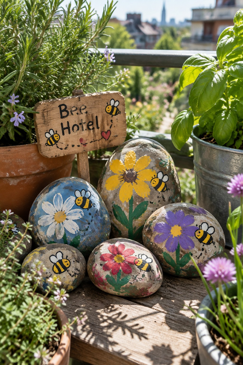Painted rocks with bees and flowers beside Bee Hotel sign among potted plants.
