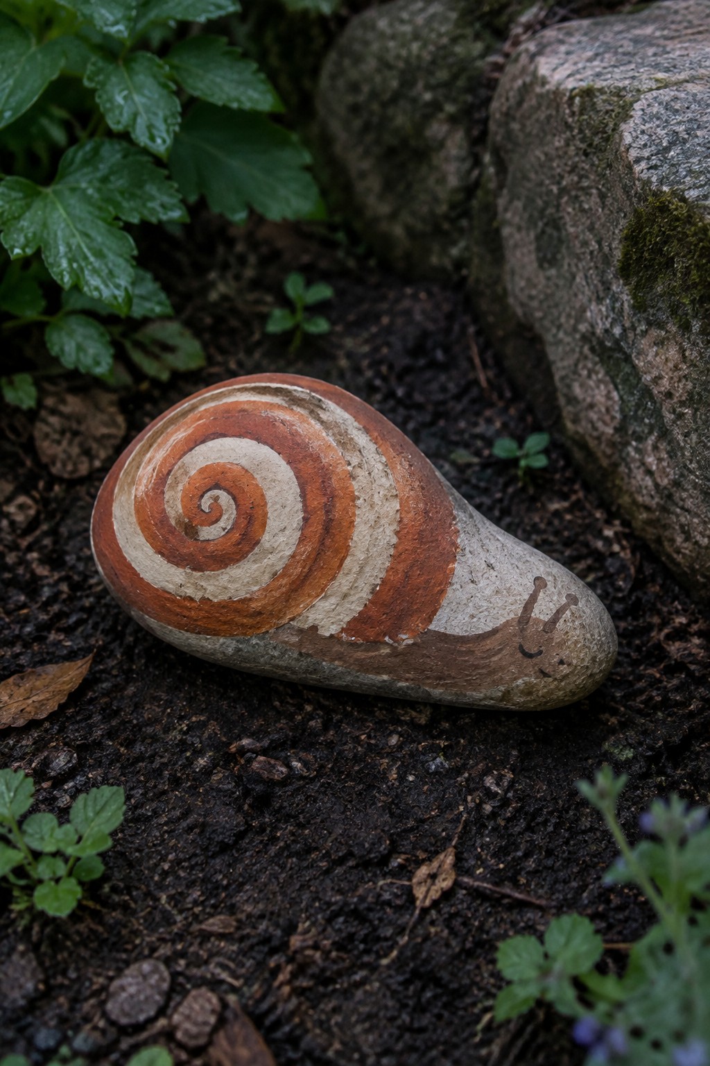A smooth oval rock painted with an orange and cream spiral shell and a simple snail face rests on dark soil near green plants and larger stones.