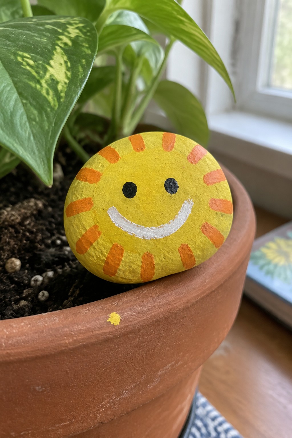A yellow painted rock with orange stripes as sun rays, black eyes, and a white smile rests on the edge of a terracotta plant pot next to green leaves.