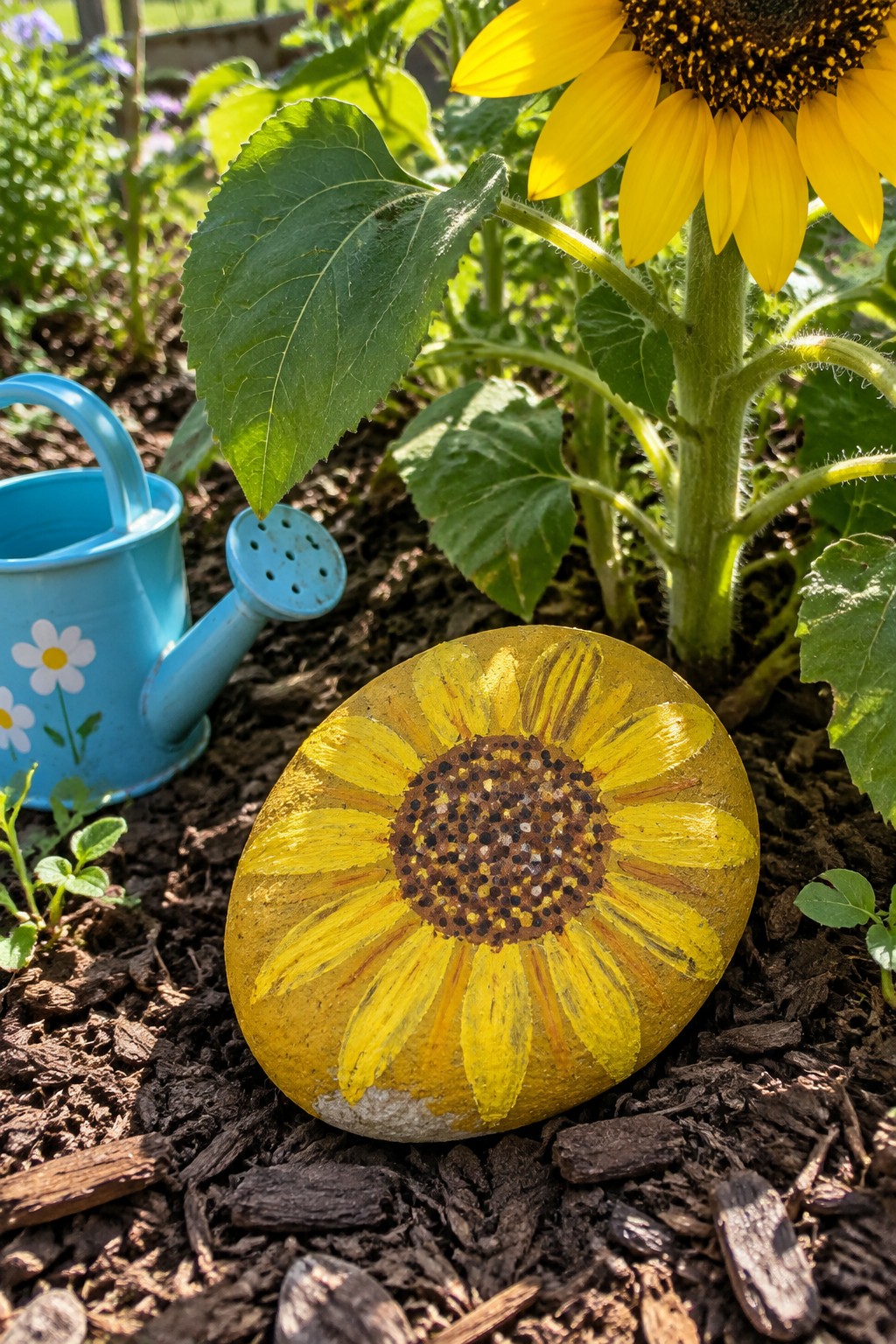 Painted sunflower rock on mulch beside blue watering can and blooming sunflower plant.