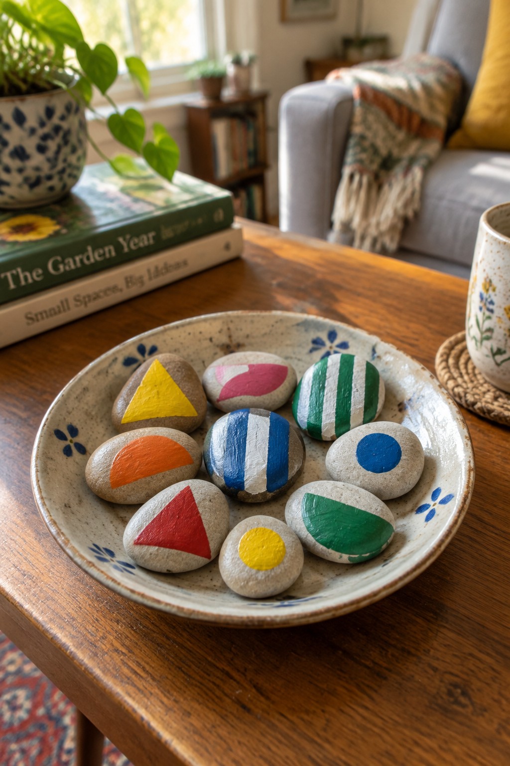 Colorful painted stones with geometric designs in a speckled ceramic bowl on wood.