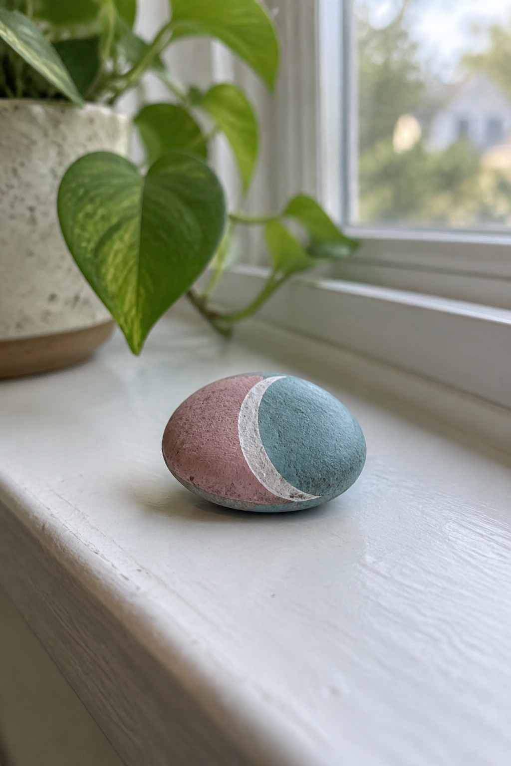 Painted stone in pink and teal with white crescent moon on windowsill near plant