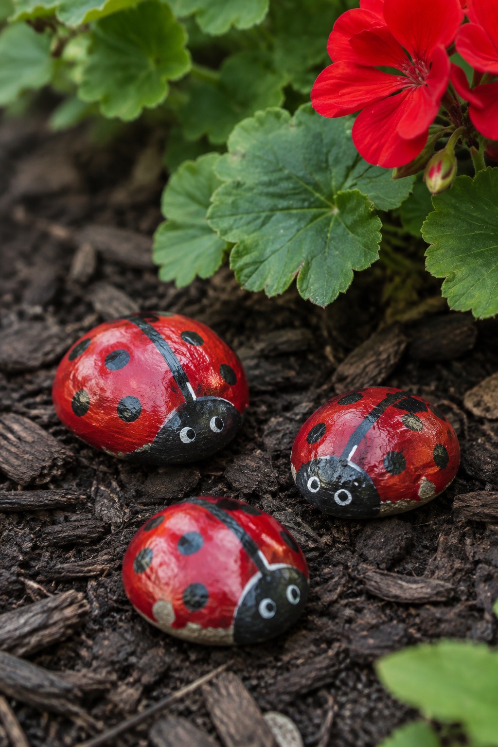 Three painted ladybug rocks on dark mulch near red flowers and green leaves.