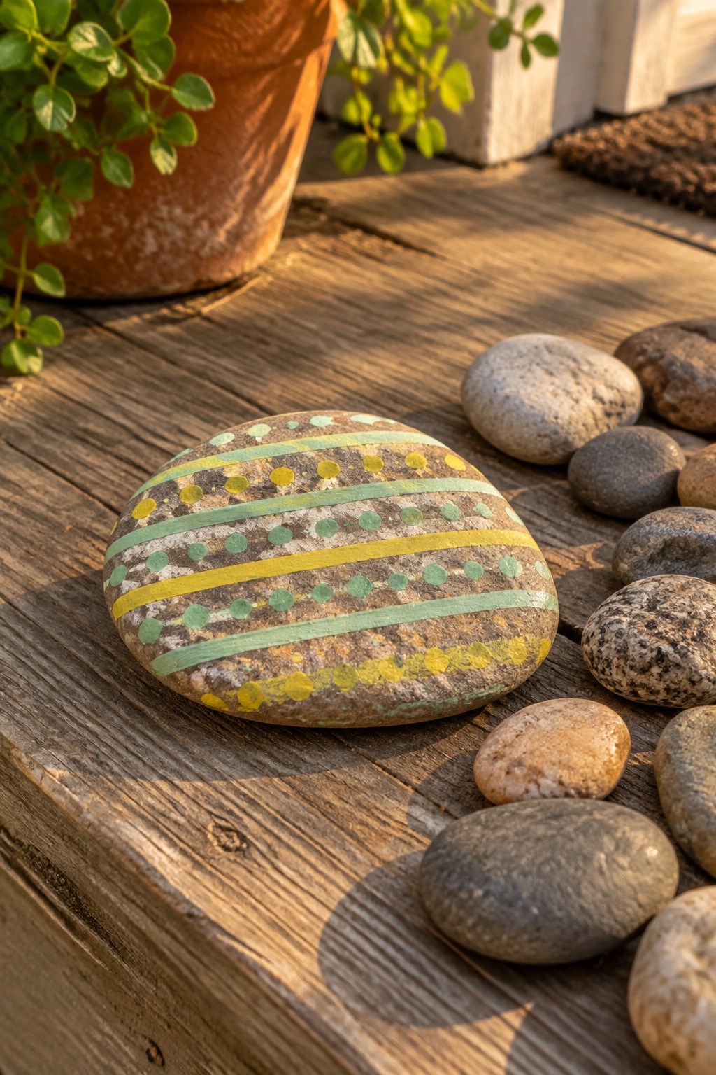 A rounded stone painted with yellow and green stripes and dots rests on a wooden surface next to unpainted rocks.