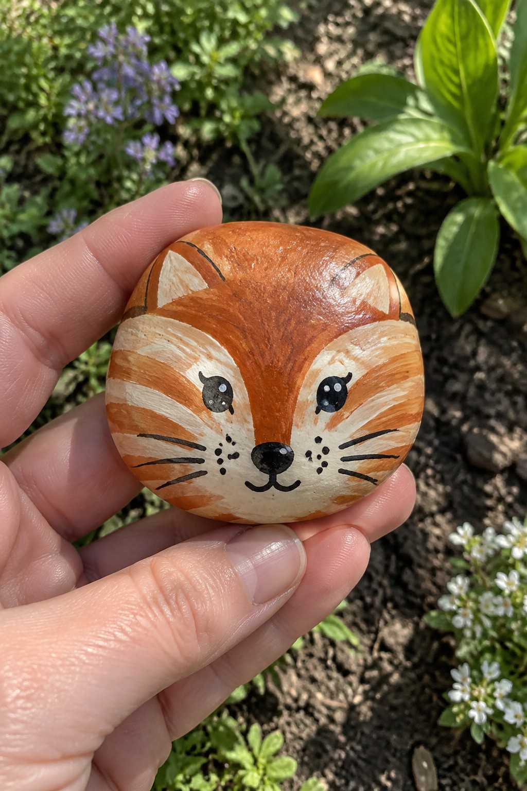 Hand holding a round stone painted as an orange fox with striped cheeks.