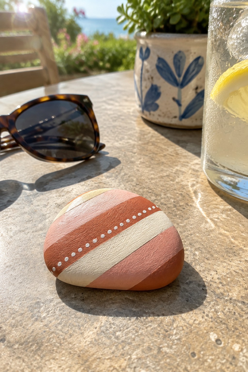 Painted striped stone on table beside sunglasses and lemon drink glass
