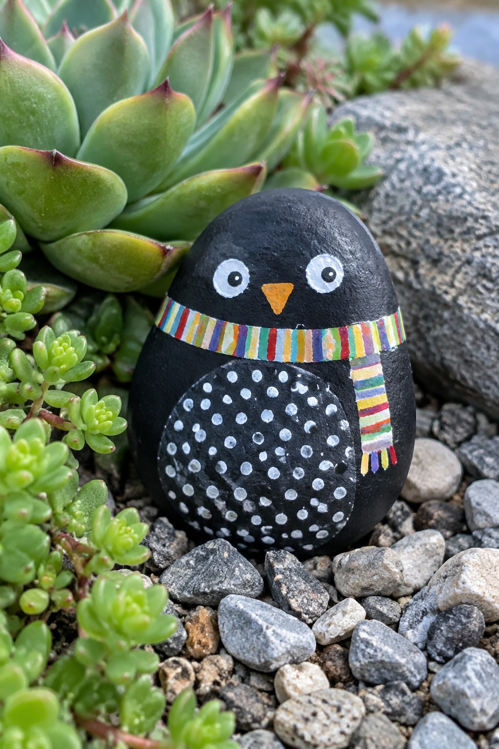 Painted black penguin rock with rainbow scarf among succulents and pebbles
