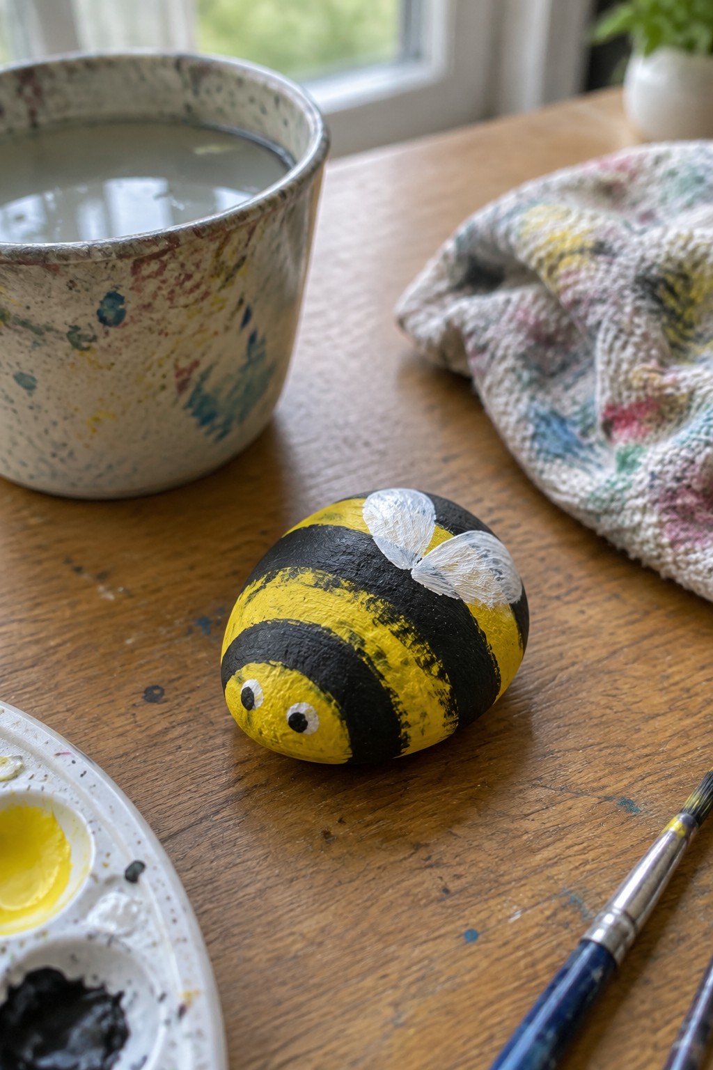 Painted bumblebee rock on wooden table with paint palette, brushes, and bowl.