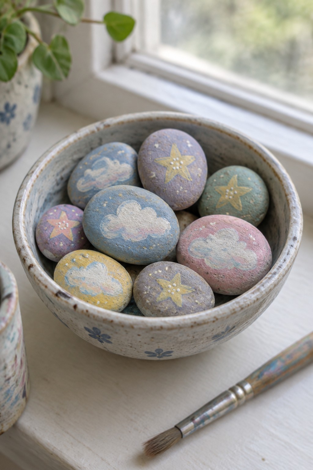Ceramic bowl of pastel stones painted with clouds and stars beside a paintbrush