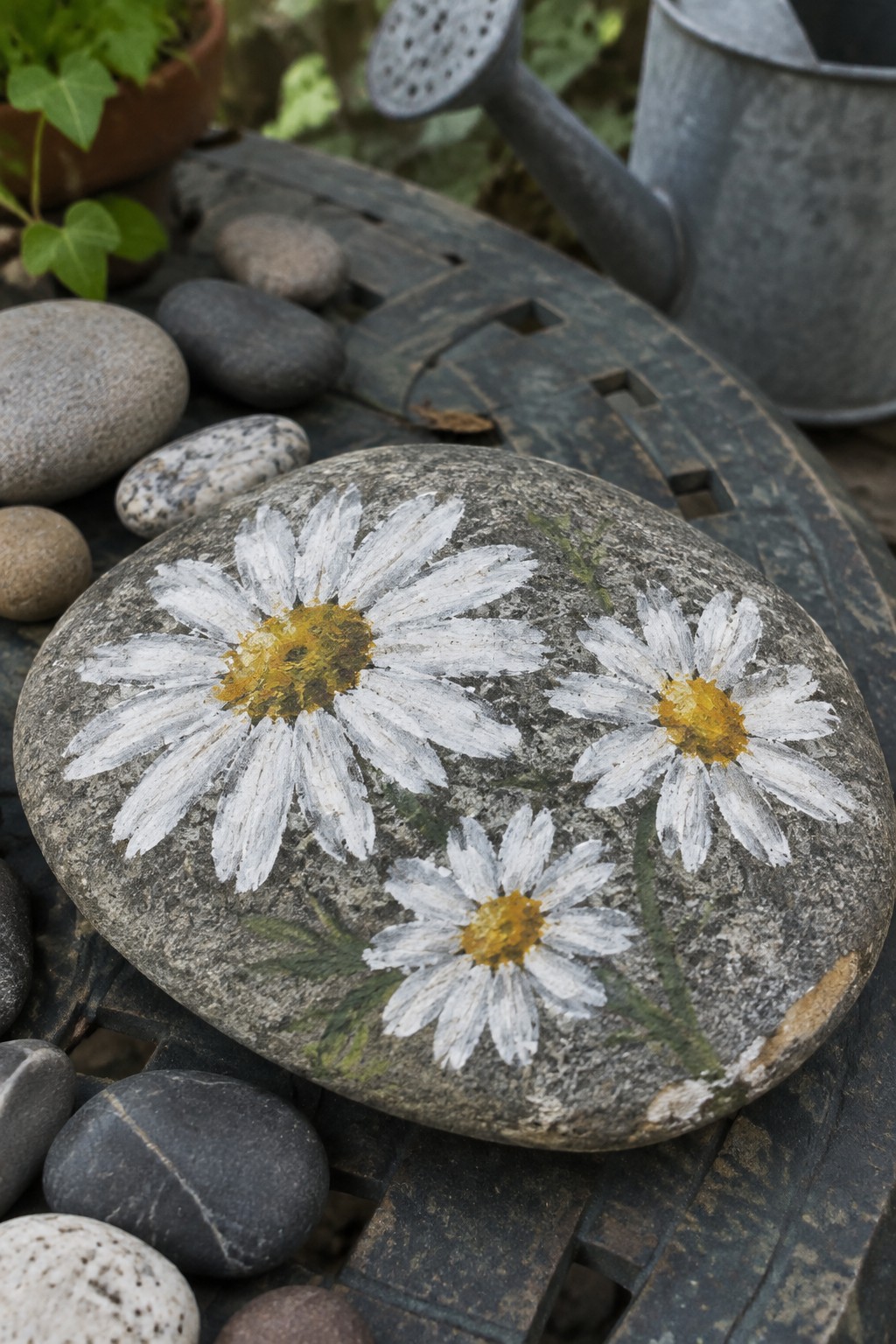 Gray stone painted with three white daisies and yellow centers on wooden surface