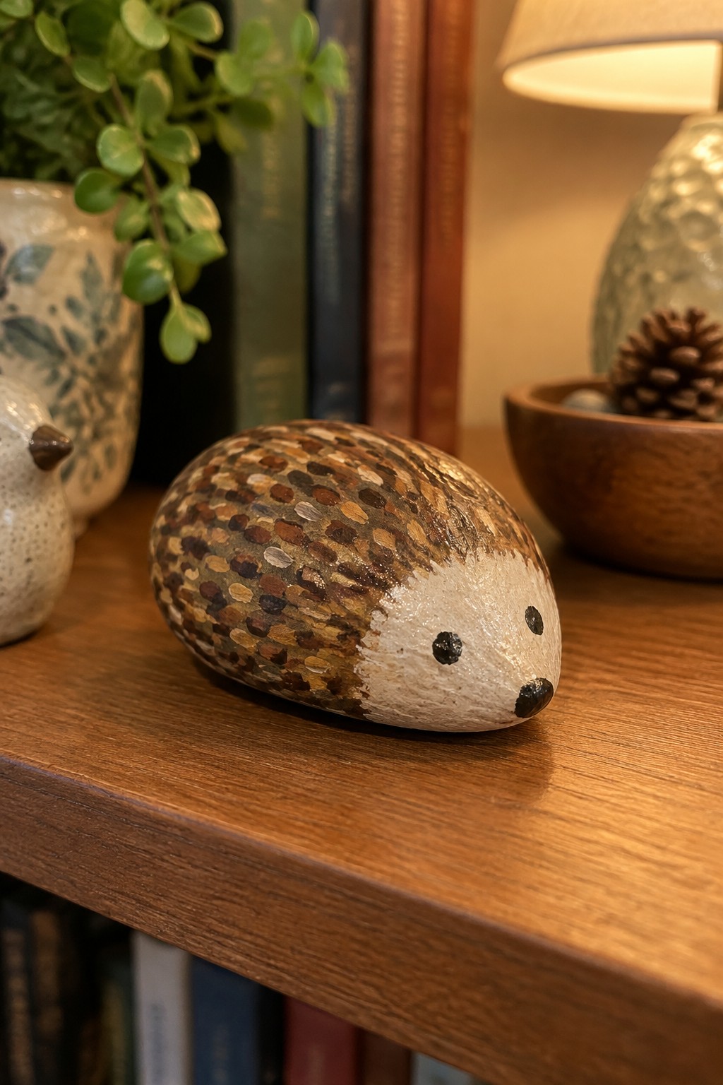 Painted hedgehog rock on wooden shelf with books and decor nearby