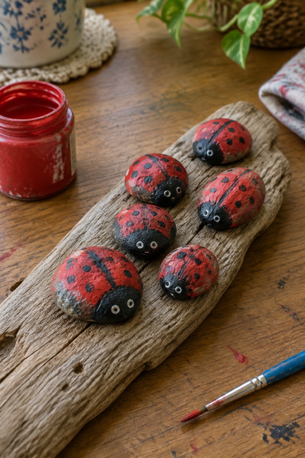 Five rounded stones painted as ladybugs with red bodies, black spots, black heads, and white eyes rest on a piece of driftwood next to a jar of red paint and a brush.