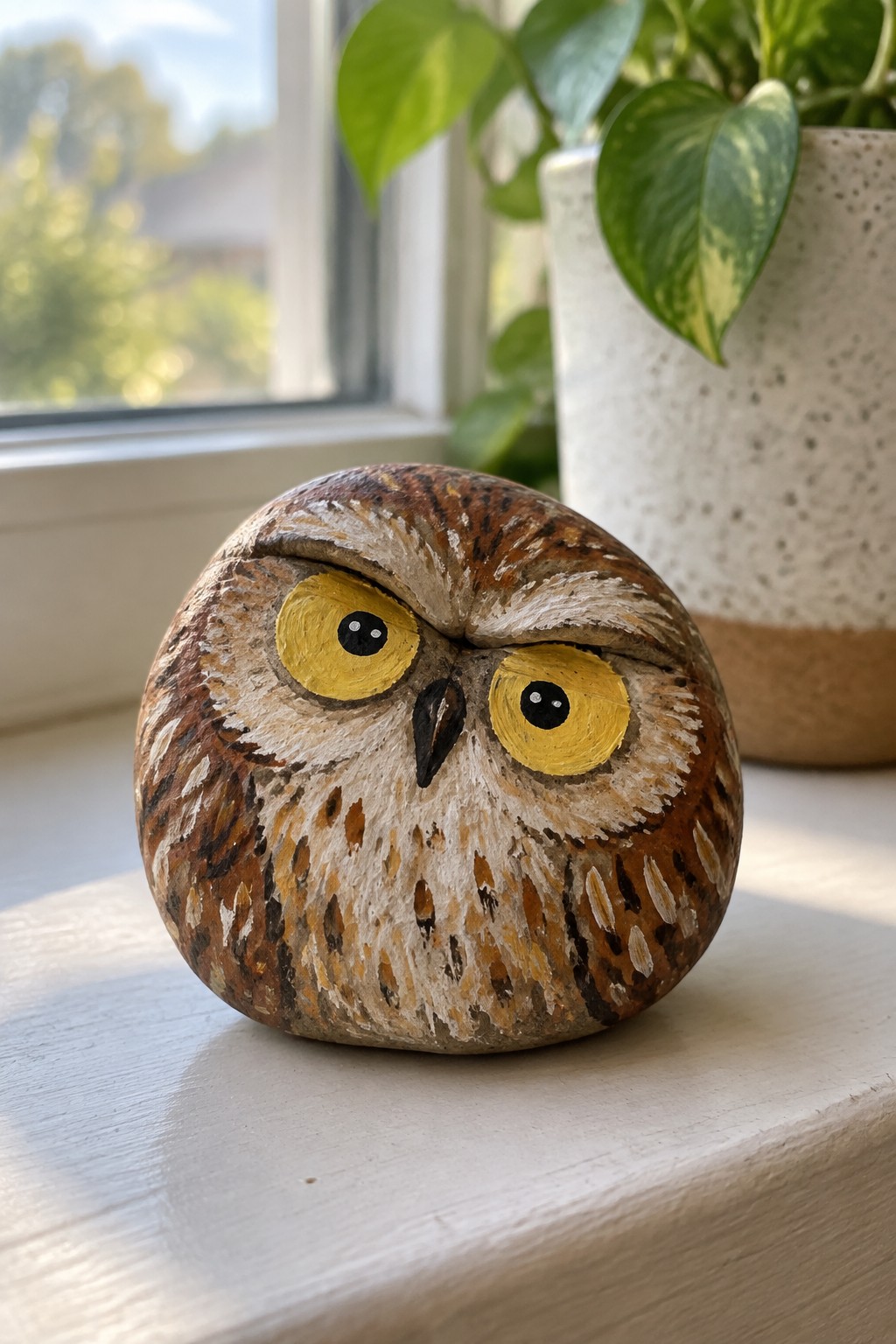 Painted stone owl with yellow eyes on windowsill beside potted plant
