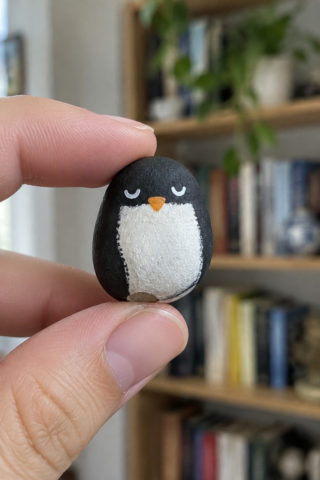 Fingers holding a pebble painted as a penguin with black head, white belly, orange beak