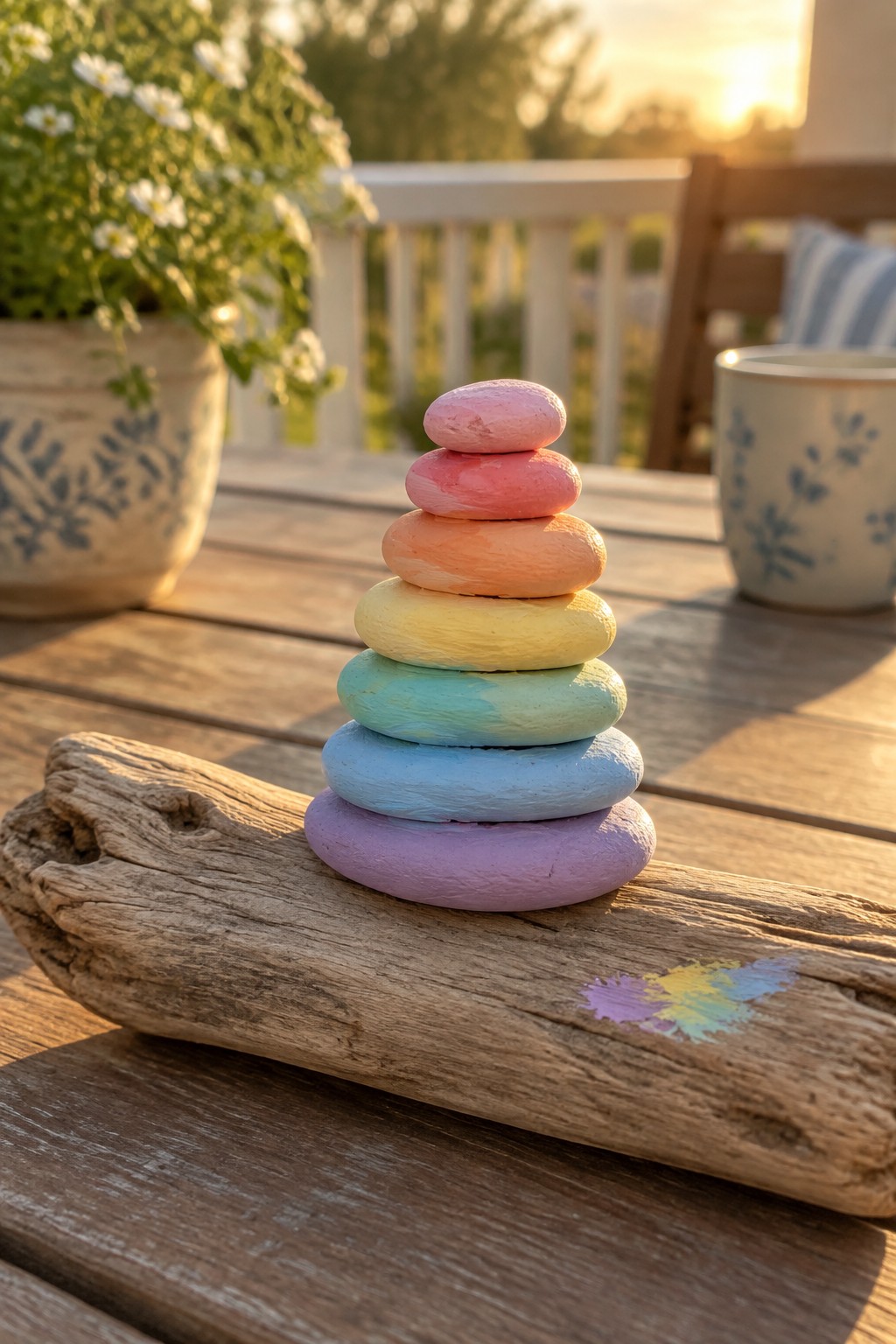 Rainbow painted stones stacked on driftwood with paint splatter on wooden table