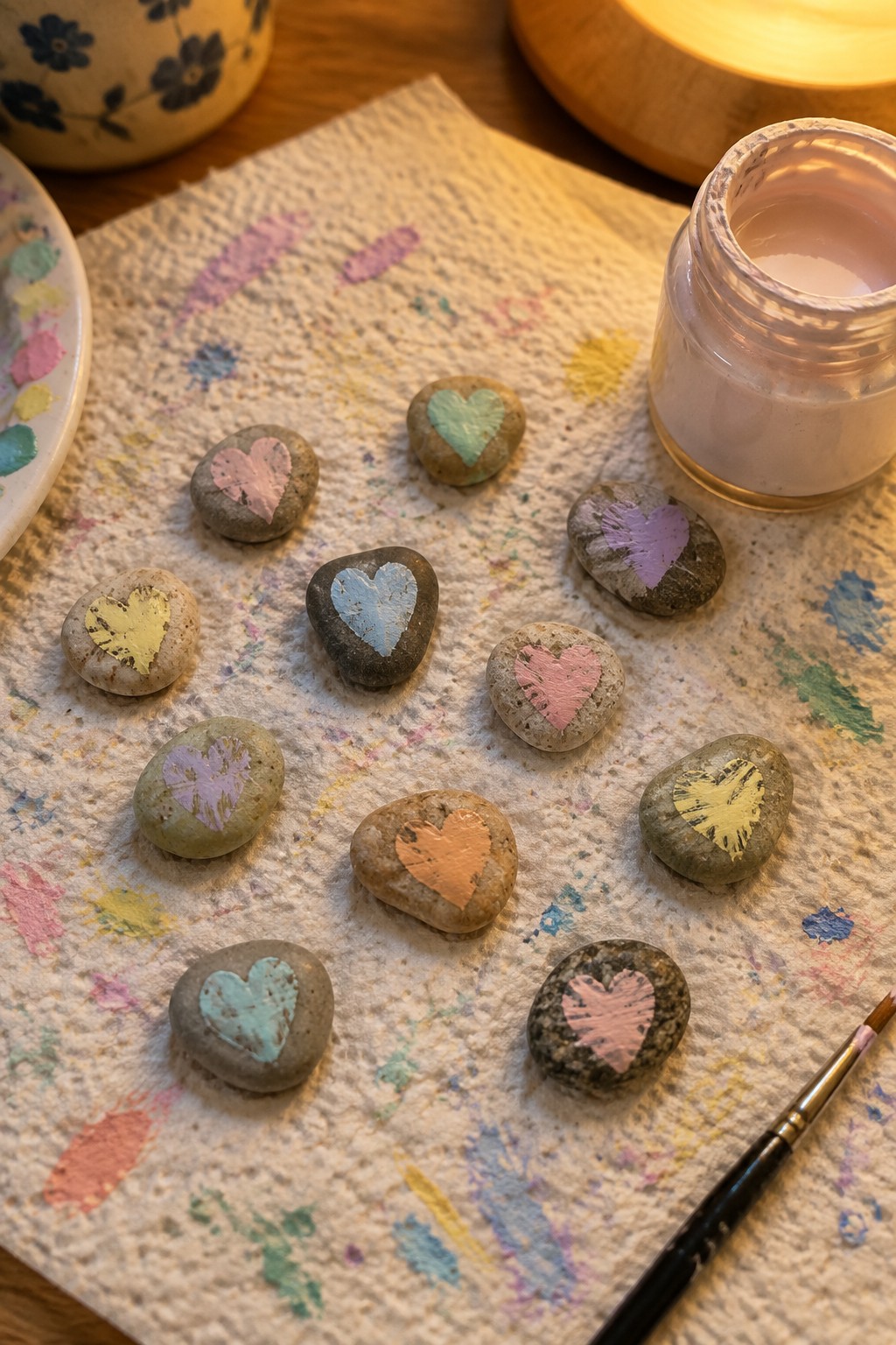 Pastel heart-painted rocks arranged on a colorful paint-splattered paper towel with jar and brush
