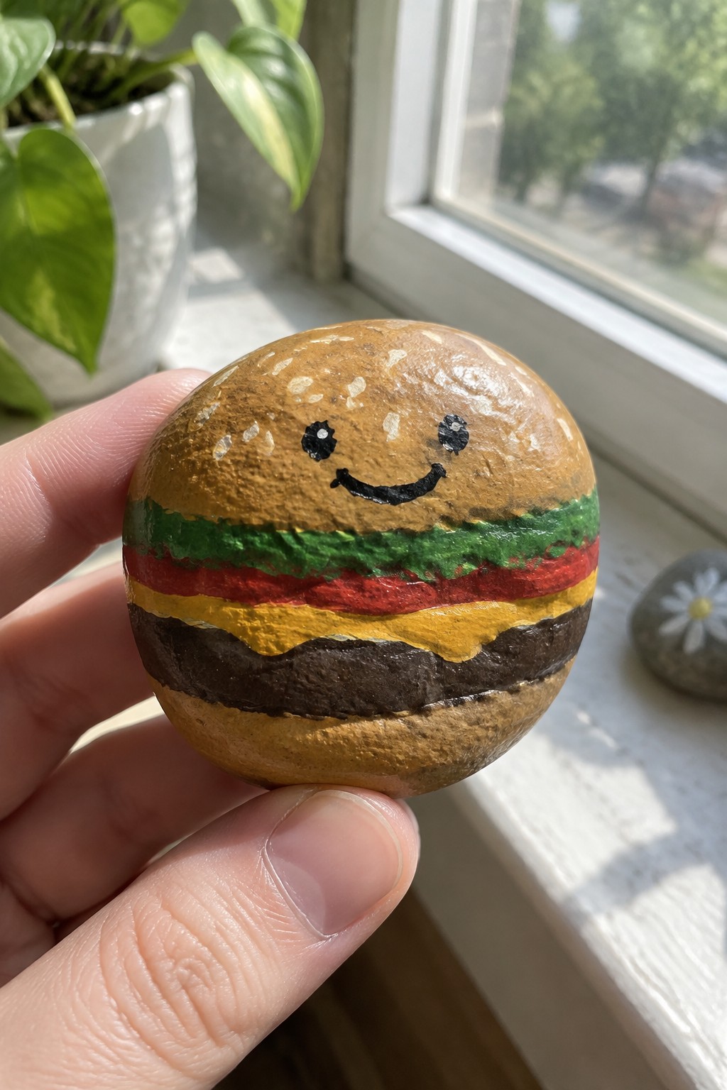 Hand holding smiling hamburger rock painted with brown bun, green lettuce, red tomato.