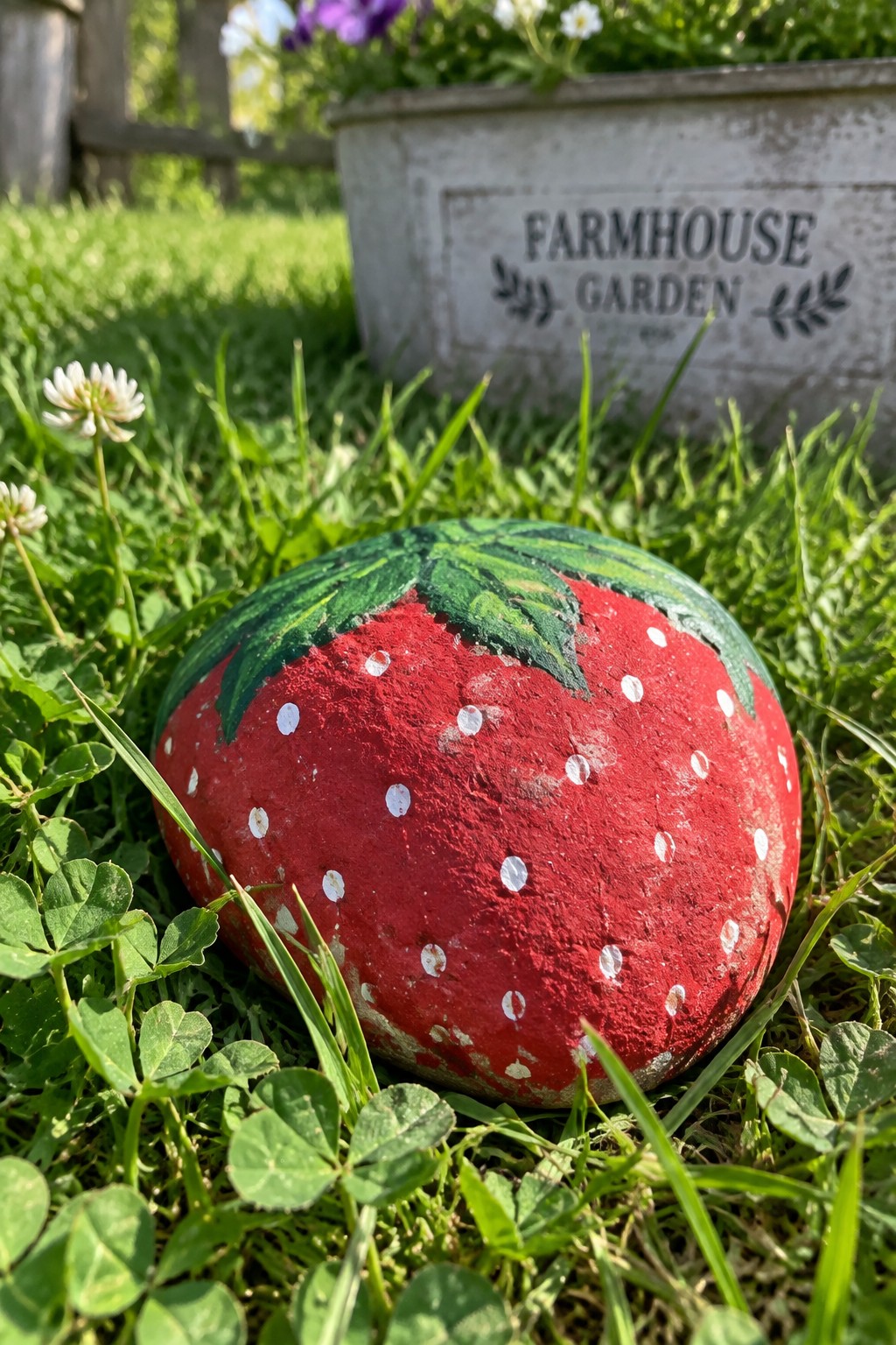 Painted red strawberry rock with white dots and green leaves on grass